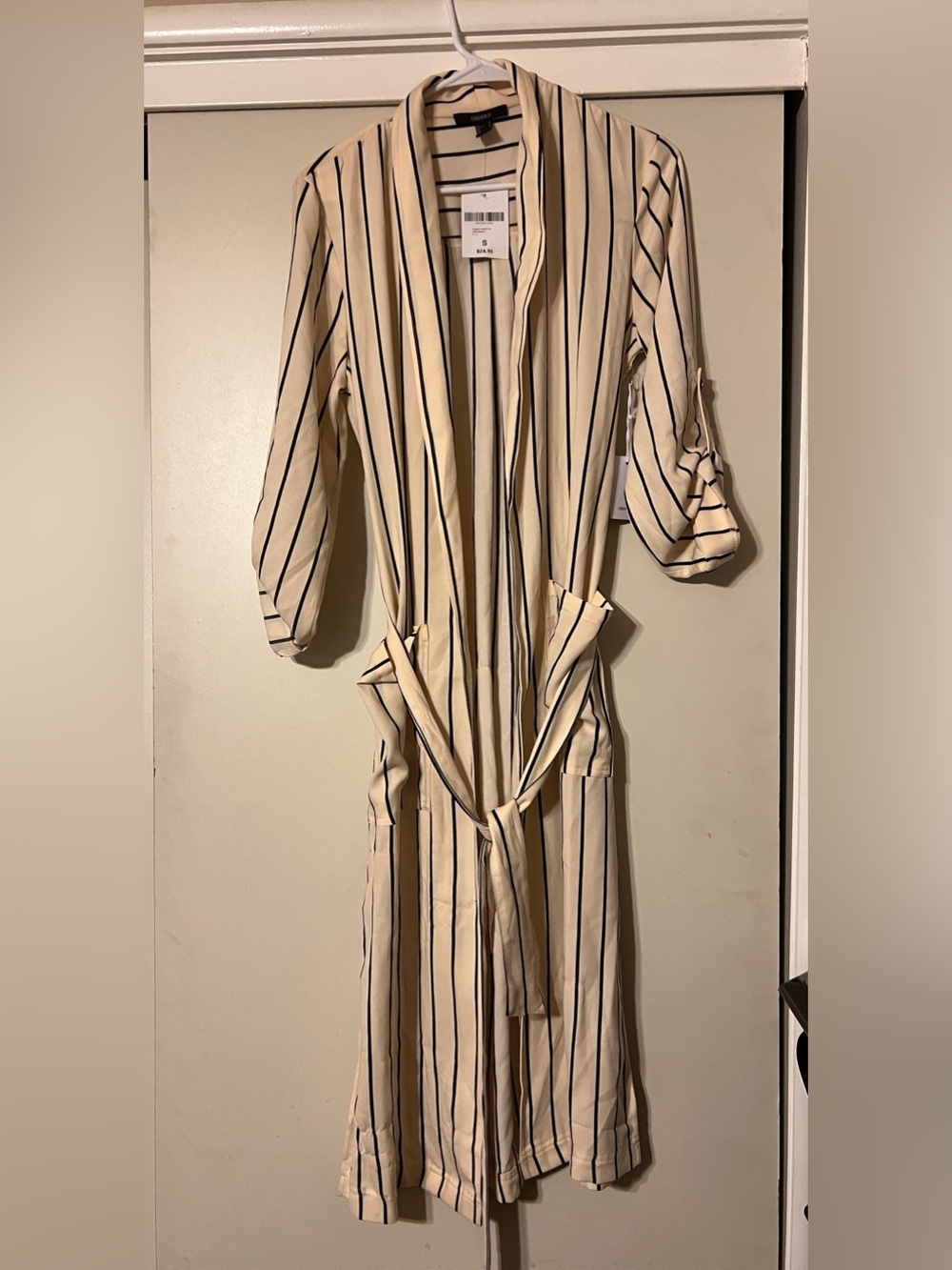 Forever 21 Cream and Black Vertical Stripe Long Sleeve Shirt Dress